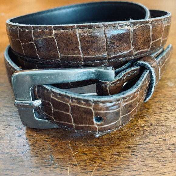 Brown Croc-Embossed Leather Belt With Silver-Tone Buckle - Picture 1 of 5